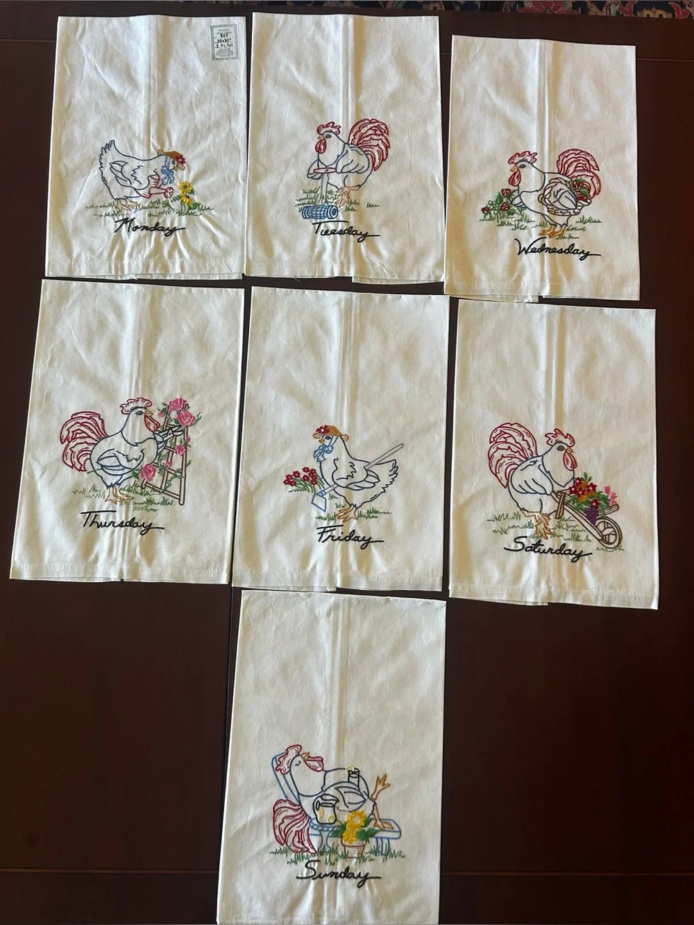 Set Of 7 Days A Week Rooster  Hand Embroidered Tea Towels - New In Packaging